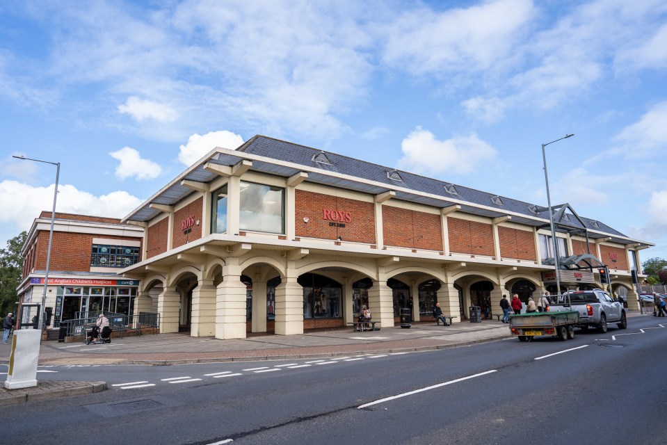 Roys department store with brick walls and arched entrances at street level, under a blue sky with clouds.