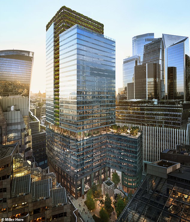 A CGI image showing the church tower surrounded by the gleaming skycraper