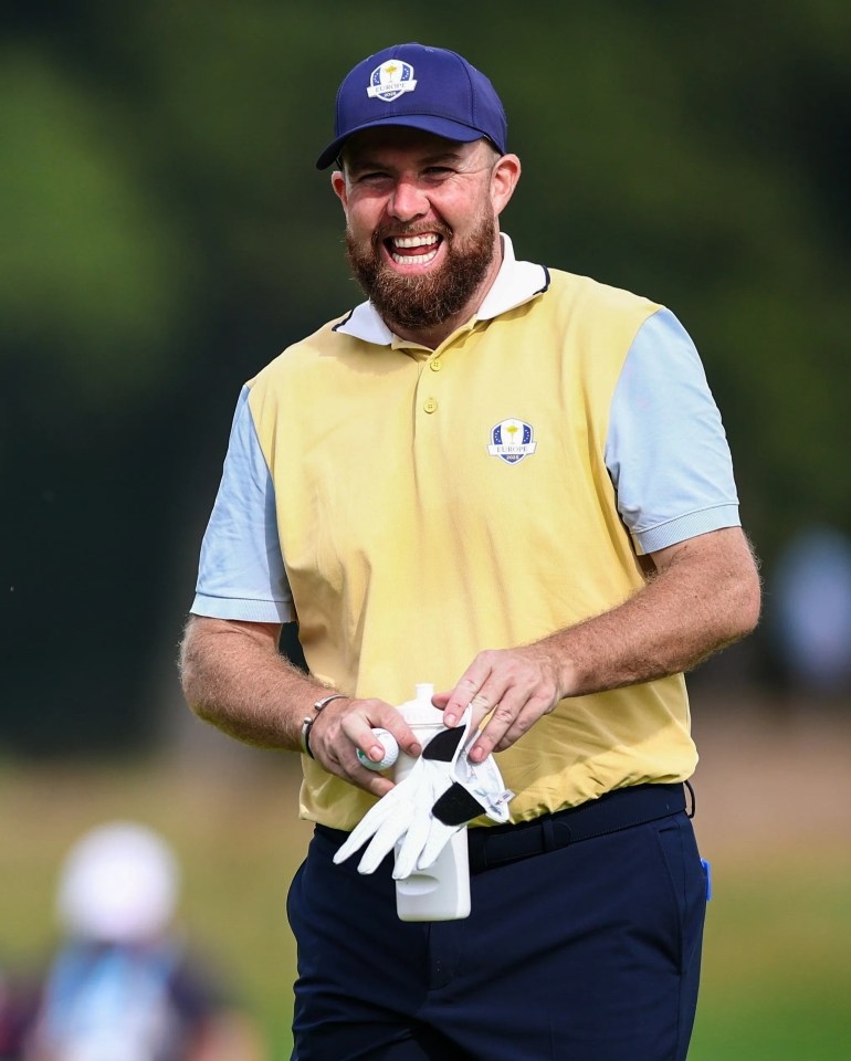 Shane Lowry smiling during a practice round before the 2025 Ryder Cup.