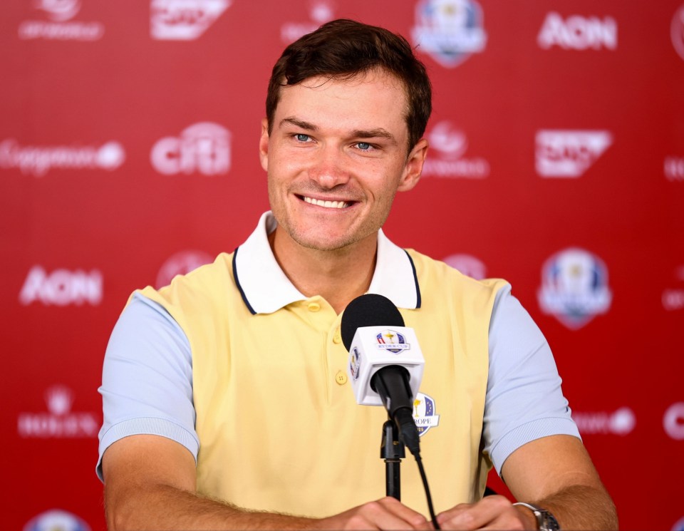 Rasmus Højgaard speaking at a press conference before a Ryder Cup practice round.