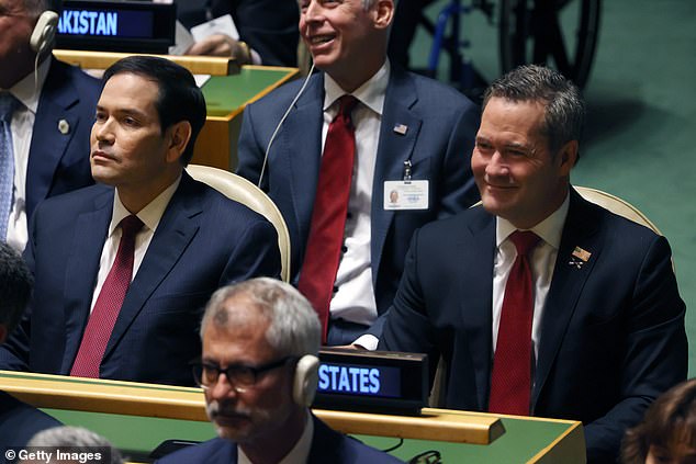 Body language expert Judi James said the real prize for a 'poker face' should have gone to Secretary of State Marco Rubio (left), while U.N. Amb. Mike Waltz 'decided to adopt a wild rictus smile of knowing'