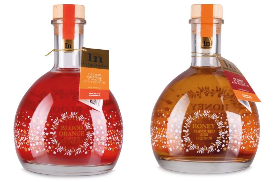 An image collage containing 2 images, Image 1 shows Aldi's Blood Orange Liqueur with Shimmer, Image 2 shows Aldi's Toffee Flavour premium vodka