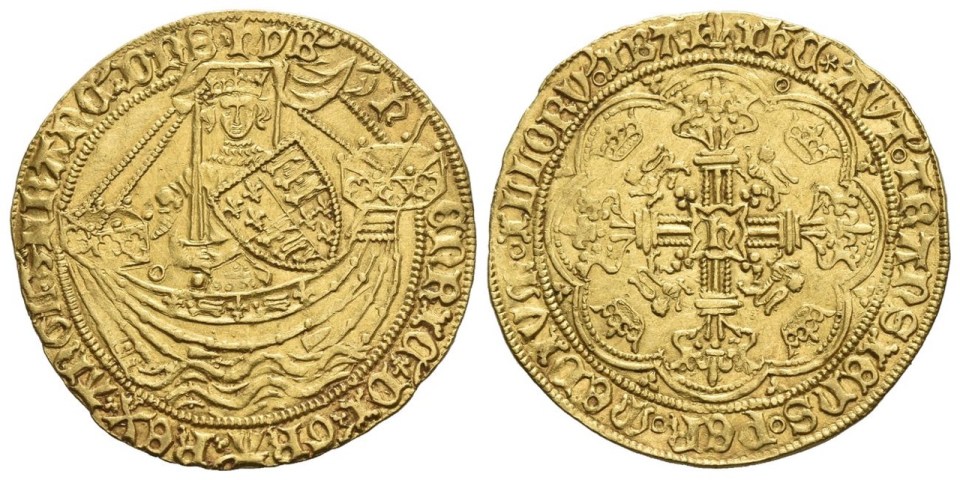 Two gold coins, an annulet issue Henry VI noble from 1422-1430 on the left, and another gold coin with a cross pattern on the right.