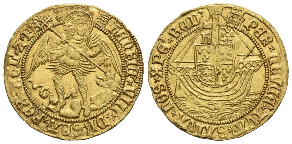 Henry VIII gold Angel coin, 1st coinage, London, struck c.1513-1526, depicting St. Michael slaying a dragon on one side and a ship with a shield on the other.