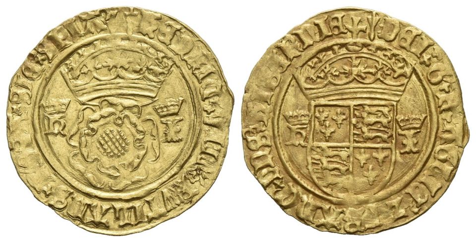 Gold Crown of the Double Rose, London, struck 1536-1537, with Henry VIII and Jayne Seymour on one side and a crowned shield of England and France on the other.