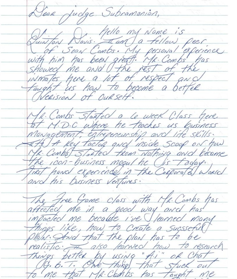 A handwritten letter from a prisoner reviewing Diddy's class in jail, stating it taught respect and how to become a better version of themselves.