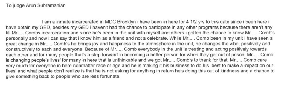 A letter from an inmate in MDC Brooklyn to Judge Arun Subramanian, praising Mr. Combs' positive influence in the unit.
