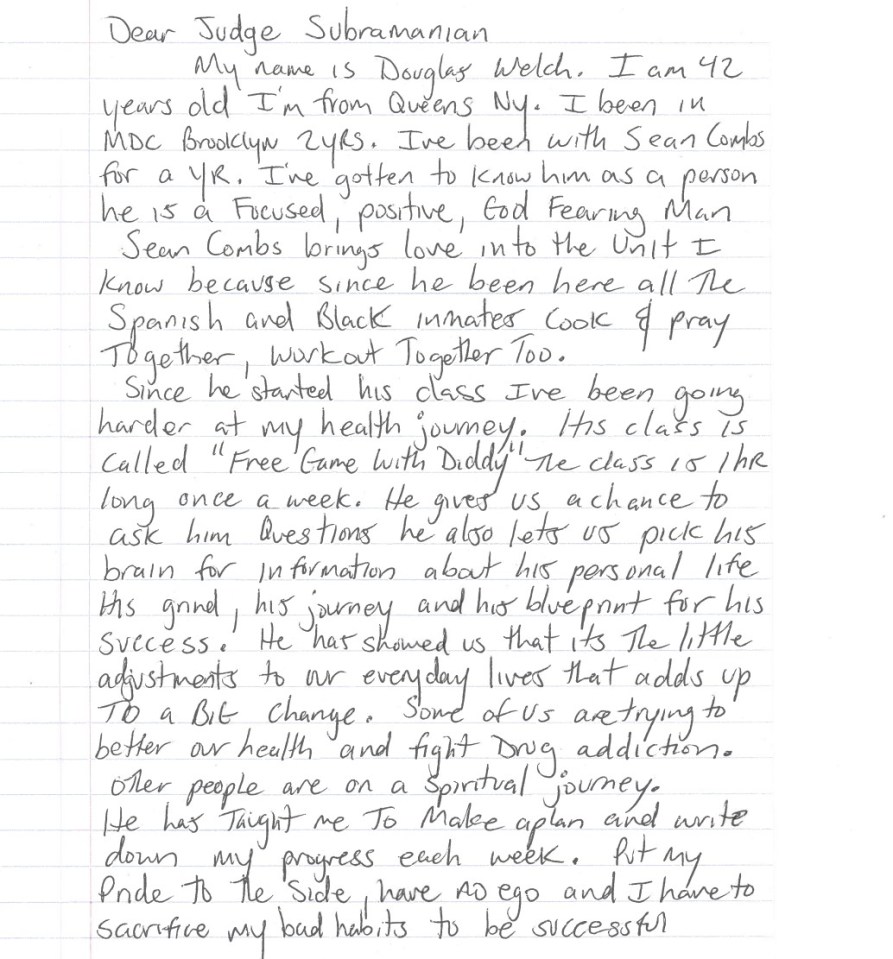 A handwritten letter from Douglas Welch to Judge Subramanian about Sean Combs' class.