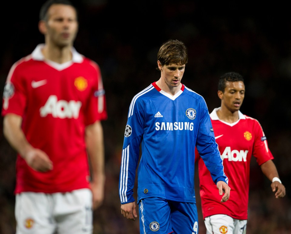 Fernando Torres looking down in a blue Chelsea uniform with two Manchester United players in red jerseys blurred in the background.