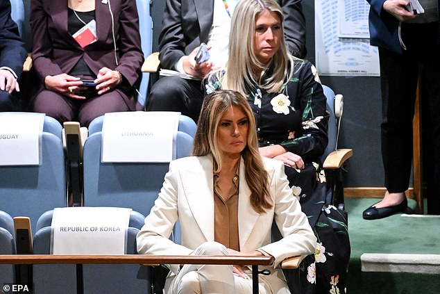 First Lady Melania Trump watched President Donald Trump speak Tuesday at the UN General Assembly. The president said Wednesday night that she told him she could barely hear his remarks, which he said counted as 'sabotage'