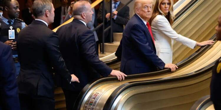 Trump blasts UN for 'triple sabotage' & 'sinister events' after he was awkwardly forced to walk up broken escalator
