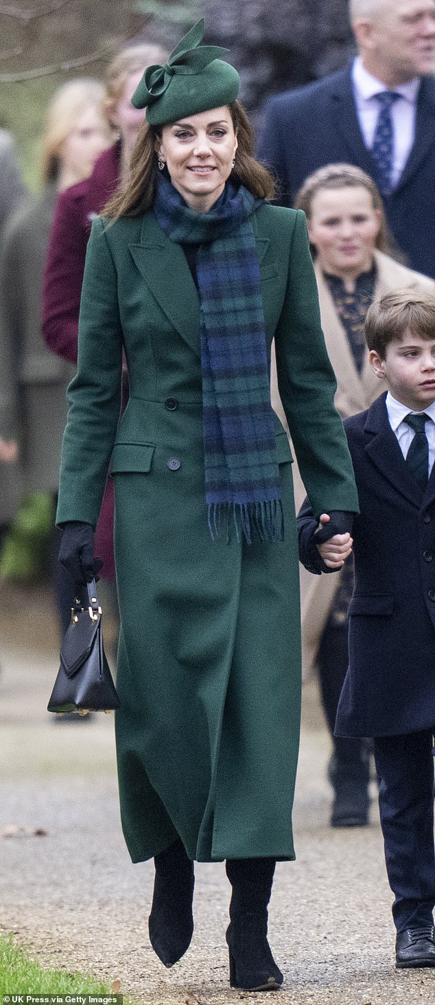 On Christmas Day in 2024, Kate opted for her hunter-green Alexander McQueen coat, paired with a tartan scarf that subtly mirrored the ties worn by George and Louis