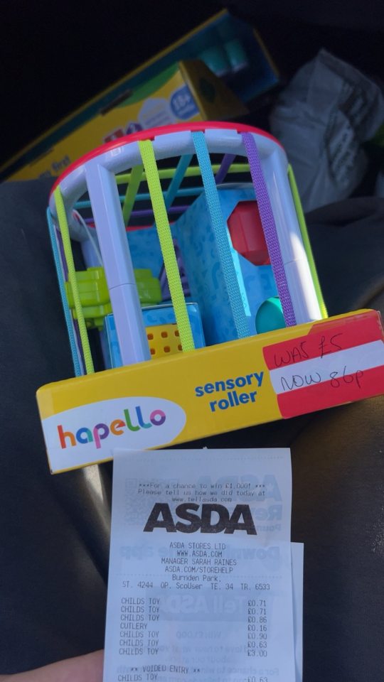 An Asda receipt showing a "hapello sensory roller" child's toy originally £5, reduced to 86p.