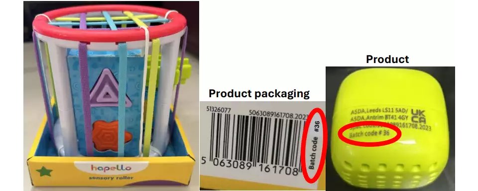 Collage of a Hapego sensory roller toy, its product packaging barcode, and a yellow product with a batch code.