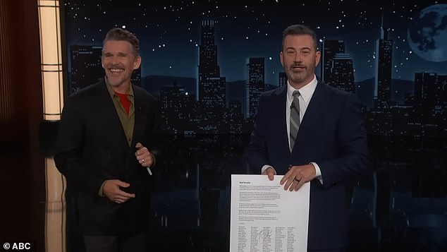 The bit ended with Kimmel thanking some more celebrity friends, including the 400 celebrities who had signed a letter condemning his suspension. First guest Ethan Hawke popped out and celebrated alongside him, before Kimmel pointed out the actor hadn't signed the letter