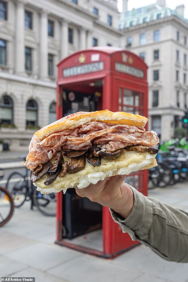 The London menu features the brand's classic sandwich combinations, such as La Favolosa (pictured); La Schiacciata del Boss; and La Toscana