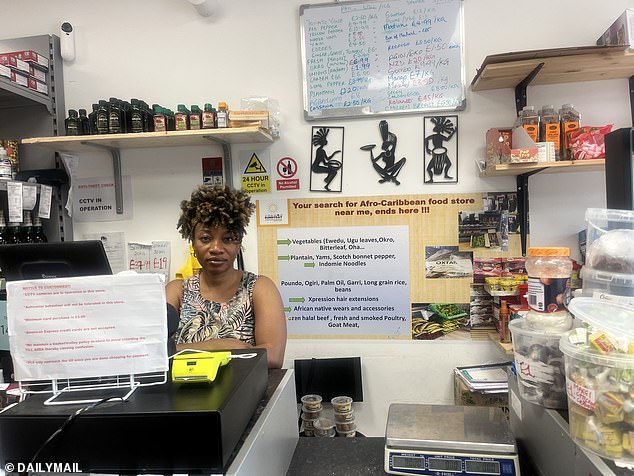 Nnenna Okonkwo (pictured) had the windows to her food store smashed by the gang, causing thousands of pounds of damage