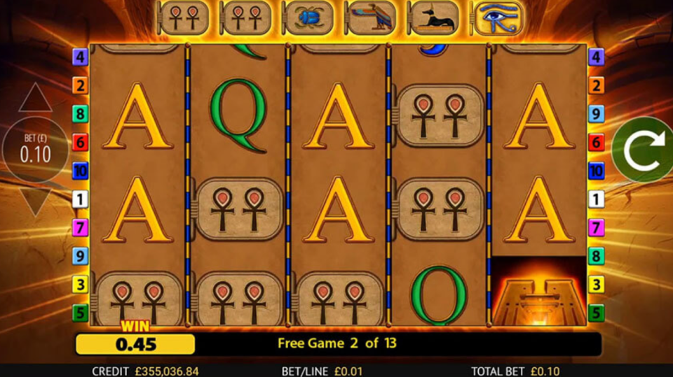 Screenshot of a slot machine game with Egyptian-themed symbols, showing a win of £0.45 during a free game.