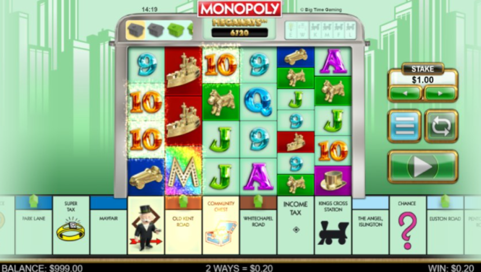 Monopoly Megaways online slot machine with a $1.00 stake.
