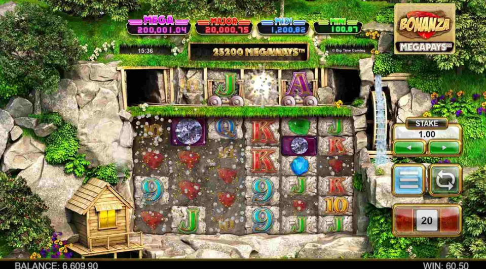Illustration of the Bonanza Megapays slot machine interface showing reels with various symbols and game controls.