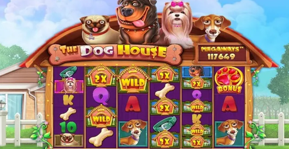 Illustration of a "The Dog House Megaways" slot machine featuring various dog breeds and game symbols.