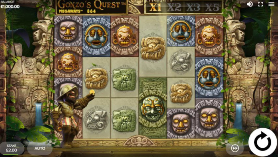 Illustration of the Gonzo's Quest Megaways slot machine game with various Mayan-inspired symbols on the reels and a character in the foreground.