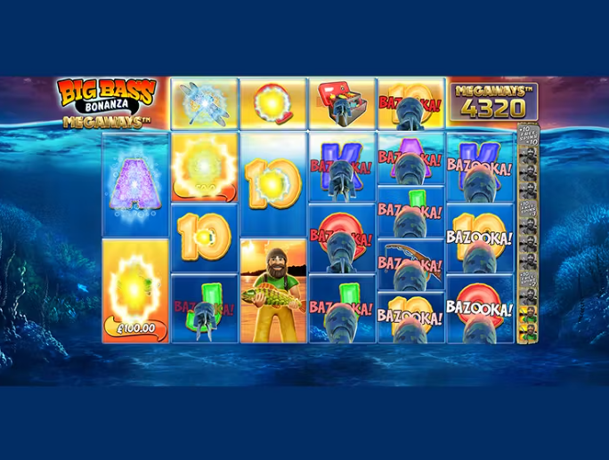 Illustration of a "Big Bass Bonanza Megaways" slot machine game with various game symbols.