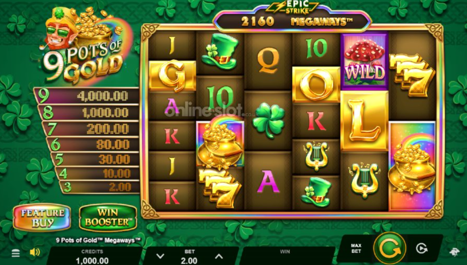 Illustration of the "9 Pots of Gold Megaways" slot machine game interface.
