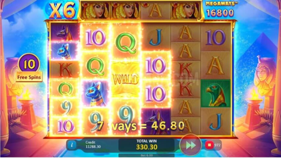 Illustration of an online slot machine game with an Ancient Egypt theme, showing a winning spin of 330.30.