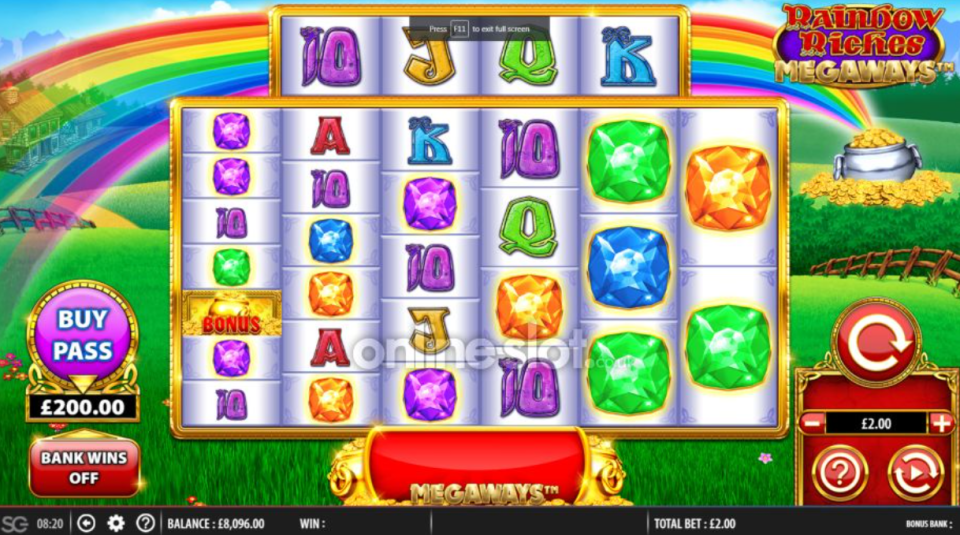 Illustration of the Rainbow Riches Megaways slot machine game.