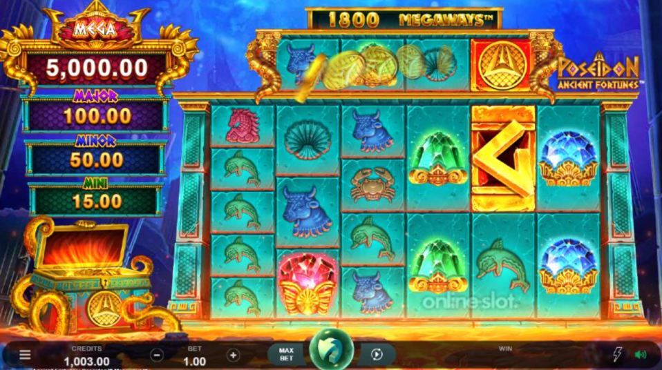 Illustration of an online slot game "Ancient Fortunes Poseidon Megaways" with symbols of sea creatures and jewels, showing a potential jackpot of 5,000.00.