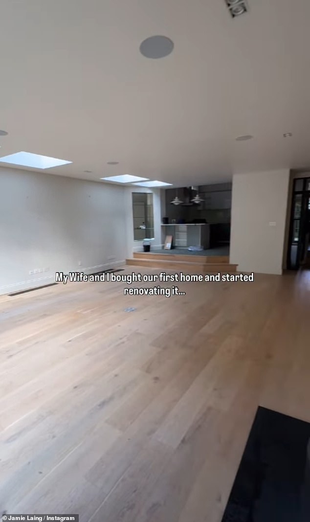 Jamie took his followers on a tour of the downstairs, showing a before of the property empty with light fixtures dangling from the ceiling