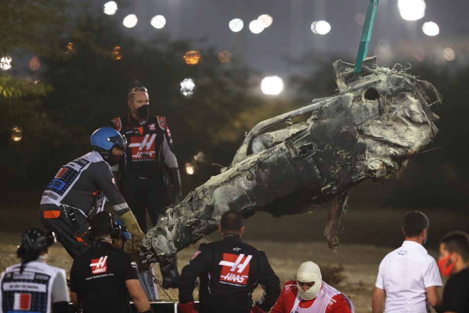 Debris following the Romain Grosjean crash at the F1 Grand Prix of Bahrain.