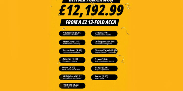 Betfair punter turns £2 into £12k thanks to 6,000/1 winning footy acca