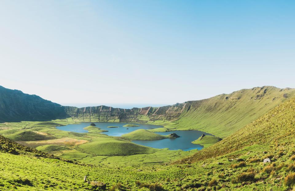 Idyllic view of a lake amidst mountains at Corvo Island, Azores, Portugal.