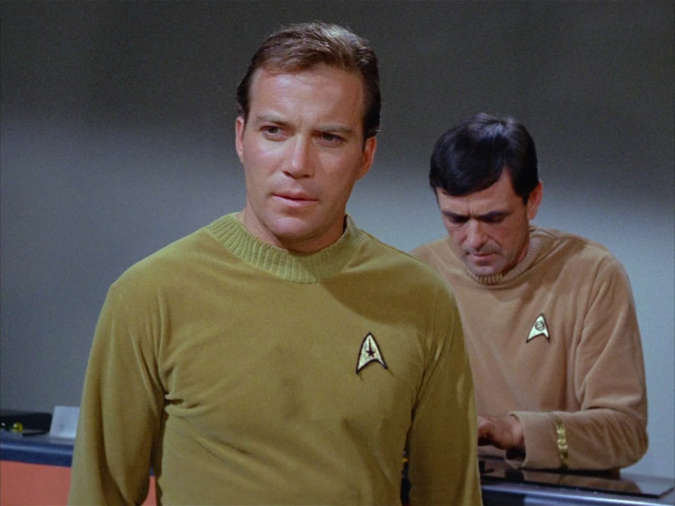 William Shatner as Captain James T. Kirk and James Doohan as Montgomery "Scotty" Scott in Star Trek.