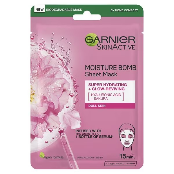 Garnier SkinActive Moisture Bomb Sheet Mask for dull skin with hyaluronic acid and sakura.