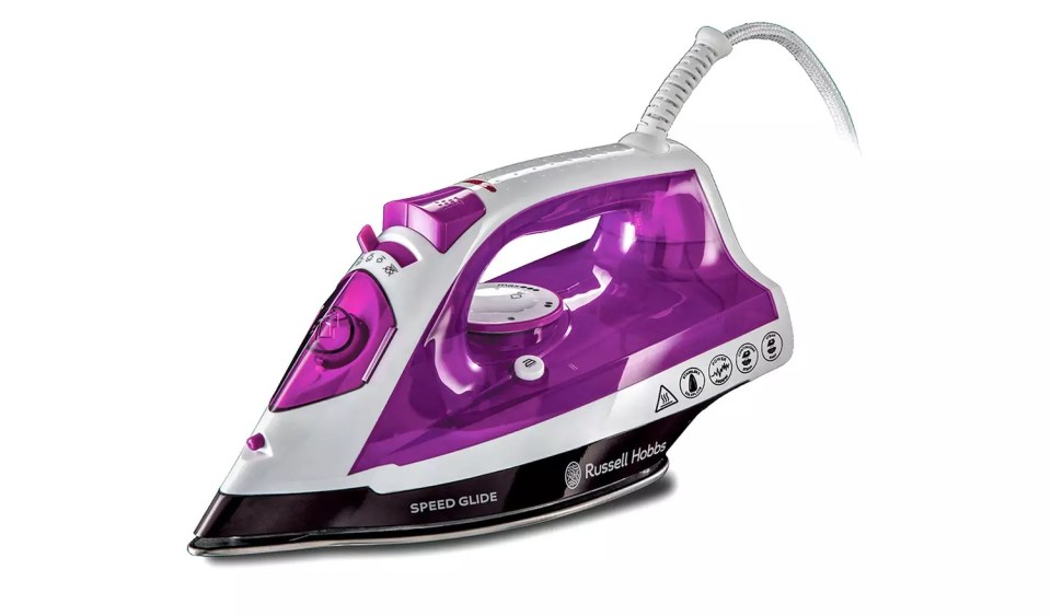 Russell Hobbs steam iron in purple and white.