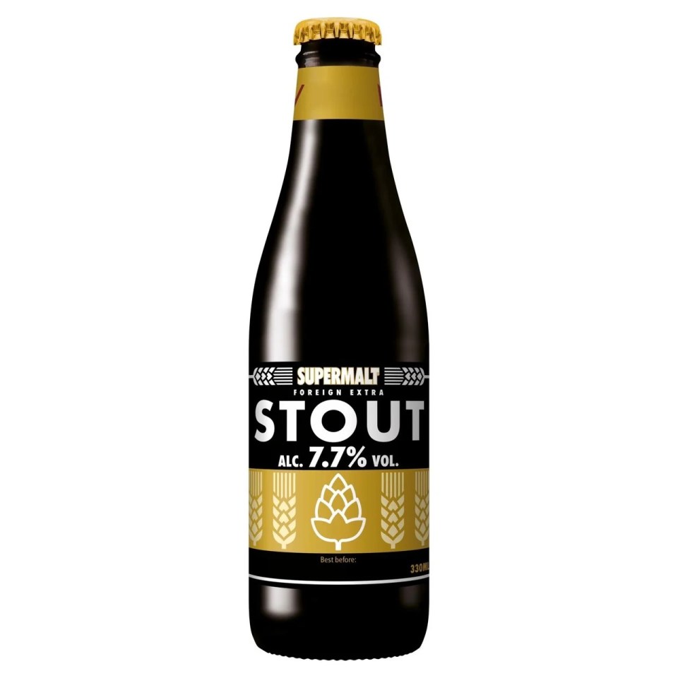 A bottle of Supermalt Foreign Extra Stout with 7.7% alcohol.