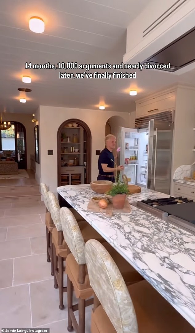 In the after footage, he unveiled the stunning split level and open plan kitchen, dining and living space of the property, but joked that the renovation had left he and Sophie 'nearly divorced'