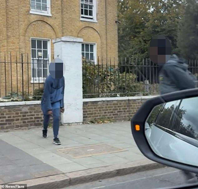 The person filming, the passenger of a nearby car, shouts 'look, he's getting stabbed' before letting out a louder scream as the brawl continues