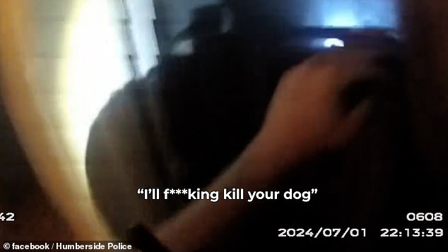 Shocking footage shows the resident spit, 'I'll f***ing kill your dog!' (pictured), before attacking him and his handler with a large gardening shovel