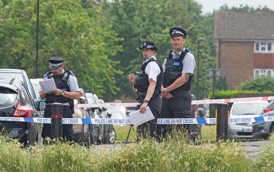 Police officers and a police line in Croydon, UK, after a 16-year-old was stabbed to death.
