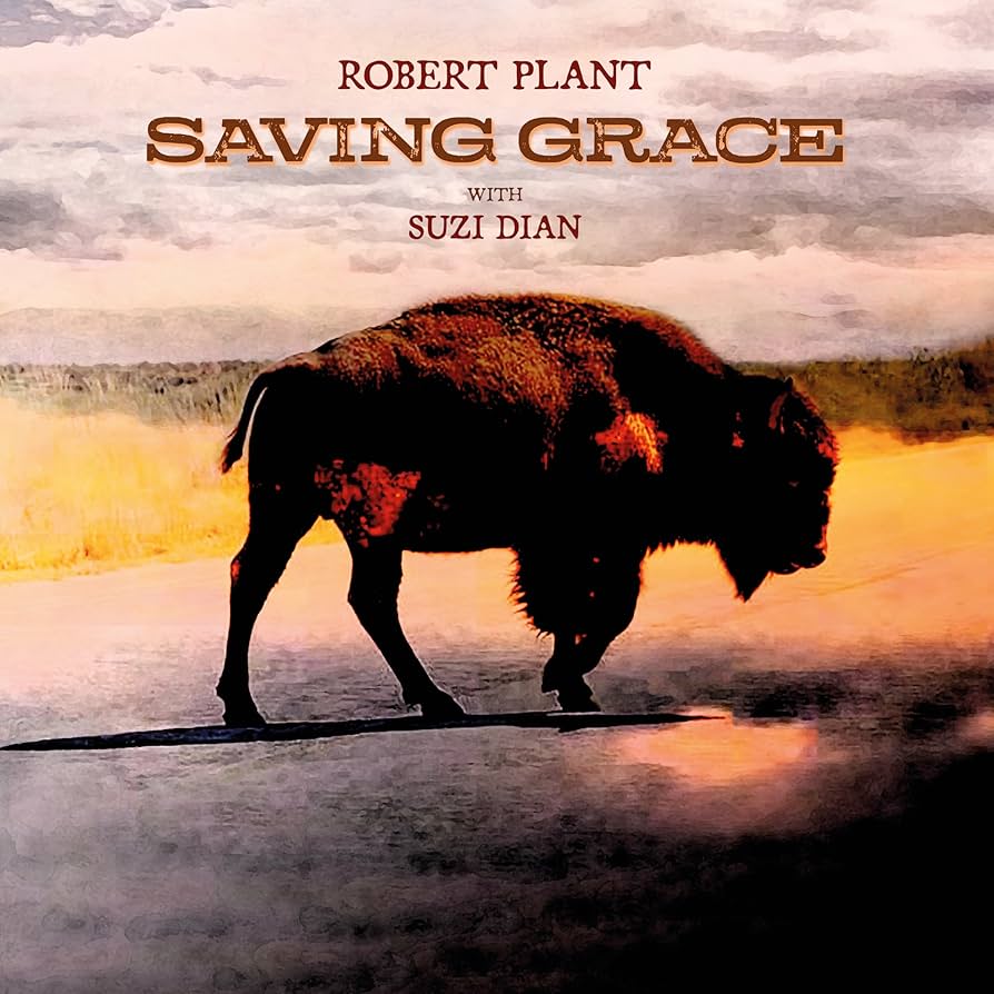 Album cover for Robert Plant's "Saving Grace" featuring a bison walking across a road at sunset.