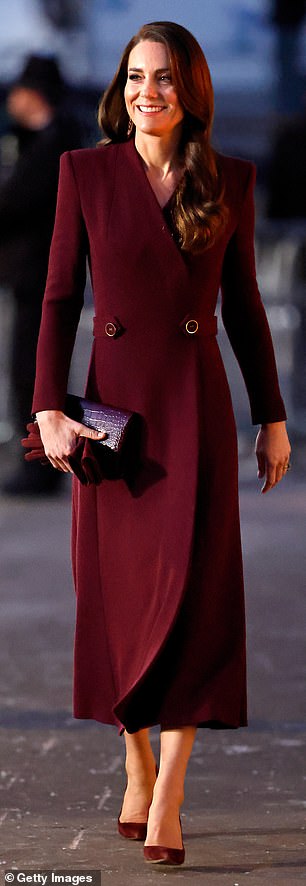 At the 2022 Christmas carol concert, Kate wore a burgundy Eponine London coat dress, styled with her trusty Gianvito Rossi courts