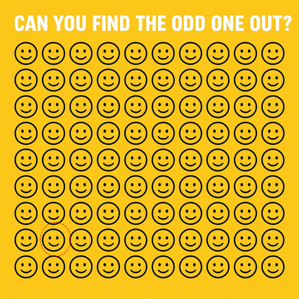 Illustration of a grid of smiley face emojis with one upside-down smiley face circled in red, asking "Can you find the odd one out?"