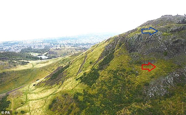 Arthur's Seat in Edinburgh, with the area where Fawziyah fell highlighted by arrows