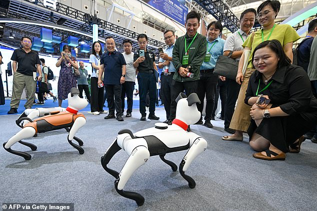 People look at four-legged robot dogs at the 2025 Jiangsu Industry-University-Research Cooperation Conference in Nanjing, in China's eastern Jiangsu province on September 12, 2025. Robot dogs are being used to police China's streets
