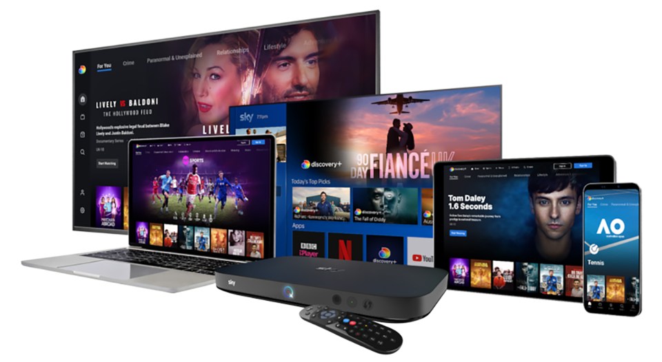 Multiple screens (TV, laptop, tablet, phone) displaying various streaming content, along with a Sky streaming box and remote.