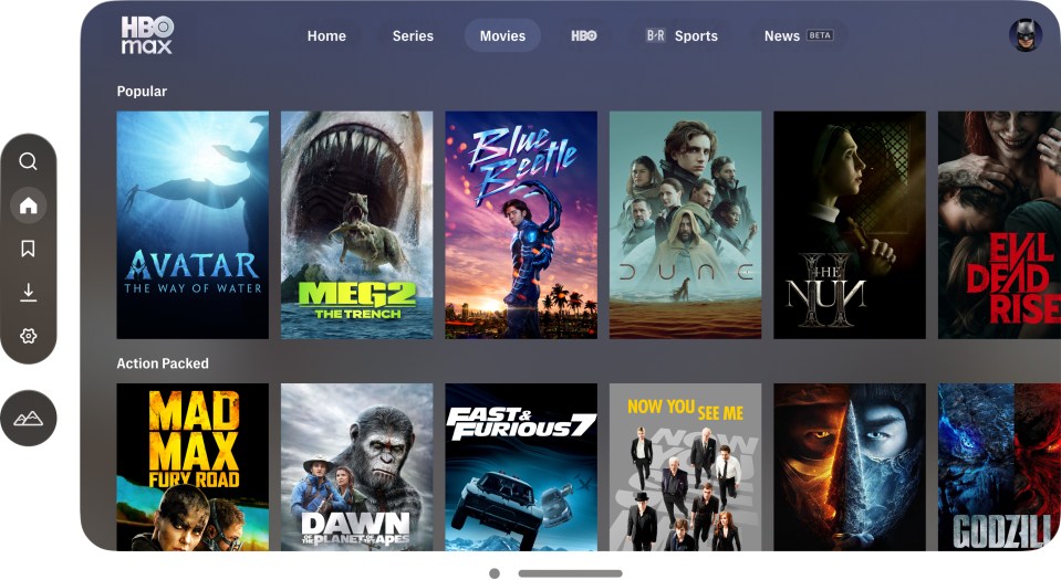 A TV screen showing the HBO Max app, displaying movie titles like "Avatar," "Mad Max," and "Godzilla."